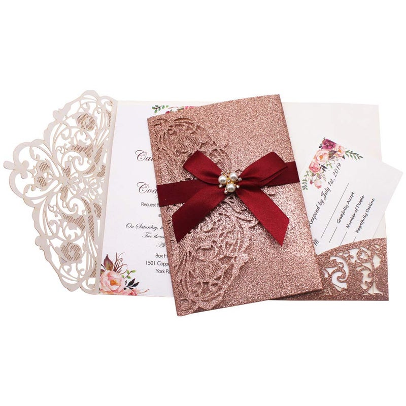 AdasBridal 25Pcs 250GSM Tri-Fold Glitter Wedding Invitations with RSVP Cards and Envelopes for Wedding Engagement Bridal Shower Birthday Quinceanera Party Invite(Rose Gold Glitter, 7.09 X 4.92inch) - Image 1
